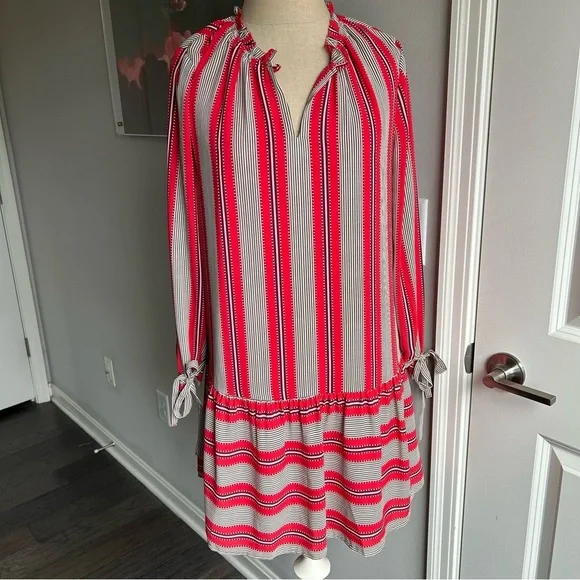 LOFT Striped Tunic Dress SP Bow Sleeves Drop Waist Coastal Preppy Chic - Picture 1 of 6